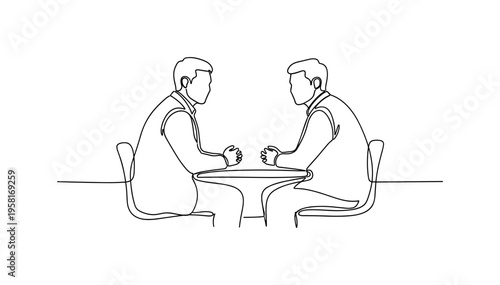 Therapy Session. Minimalistic one-line drawing two people seated across from each other in conversation representing therapy or counseling, continuous single