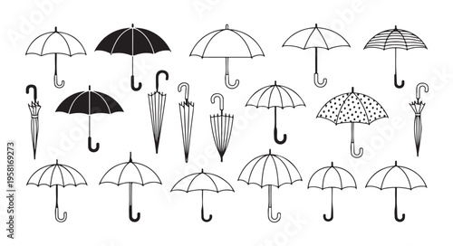 Umbrella vector icons set. various styles of rain and sun protection symbols in black and white