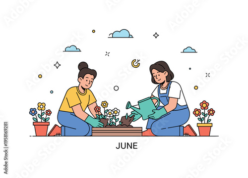 Gardening with friends in June a cheerful outdoor moment where two friends plant flowers in a small garden bed while a watering can and blooming plants create