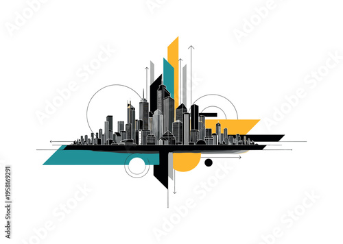 black and white city skyline emerging from geometric shapes and circles, realistic cut-out architecture with white outline, circular sun halo and diagonal