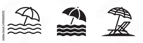 Beach umbrella and sea waves vector icon set. various styles of summer holiday vacation symbols