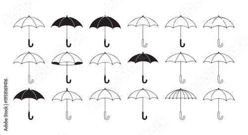 Monochrome assortment of umbrellas in different styles, open and closed, outlining rain protection and fashionable accessory