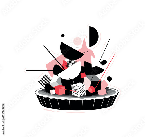 trendy dessert with abstract toppings abstract semicircles lines and geometric blocks symbolizing visual and culinary appeal black and white retro dessert