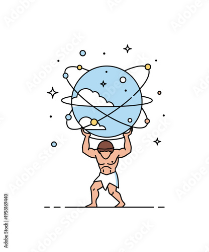 Atlas cosmic bearer classical titan supporting a sphere decorated with simple stars and orbit lines representing the heavens. The composition evokes