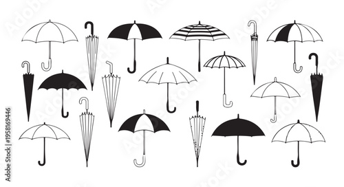 Assortment of various umbrellas, both open and closed, in a dynamic arrangement, highlighting design and function