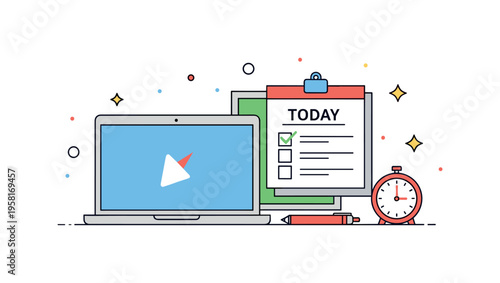 Productivity focused desk setup featuring a laptop, task checklist card labeled ?Today?, and a small timer icon symbolizing time management and daily planning.
