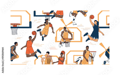 High flying basketball dunkers seamless pattern, athletes soaring in the air performing windmill dunks with nets hoops and motion streaks arranged in a