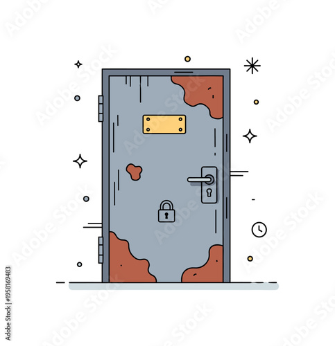 Weathered industrial door with visible rust patches spreading across an old metal surface. A simple lock and handle symbolize long years of exposure to rain,