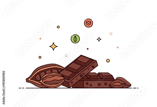 Divine chocolate indulgence elegant chocolate bar piece and cocoa beans arranged together while soft sparkle icons float above suggesting irresistible flavor