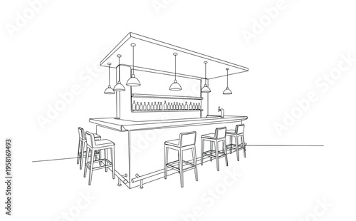 Nightlife Bar Counter. Minimalistic one-line drawing bar counter with stools and hanging lights above, continuous single black line on white background, simple