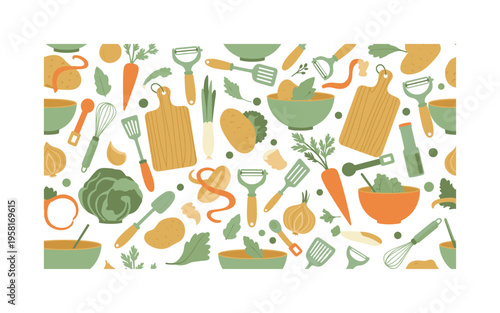 culinary prep seamless pattern, peeled vegetables, peelers, cutting boards, bowls and small kitchen tools arranged in a repeating pattern, white background