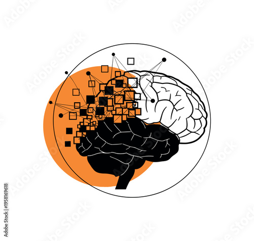 Conceptual awareness theme with black-and-white brain silhouette partially replaced by geometric blocks, orange circular halo behind, thin black linear
