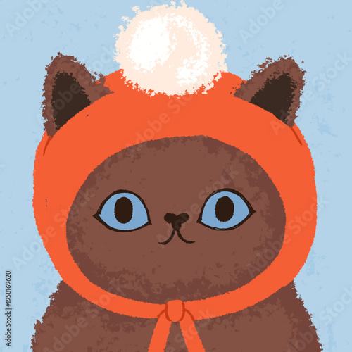 Cute funny cat in hood, hat with pompom. Amusing kawaii kitty, head portrait, wearing headwear. Adorable comic kitten, charming sweet face expression, lovely emotion. Flat vector illustration
