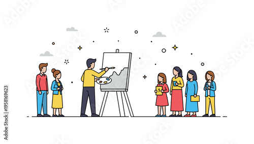 Public art demonstration with a painter actively working on a canvas while viewers gather nearby in curiosity. The scene conveys the excitement of witnessing