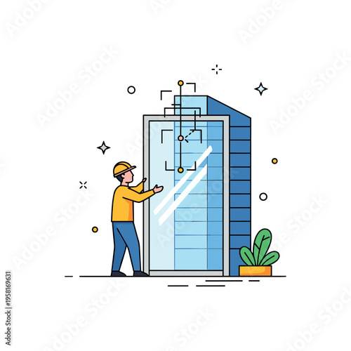 Modern building glass fitting worker adjusting a tall glass panel into a sleek frame while tiny alignment icons and sparkle accents suggest precision