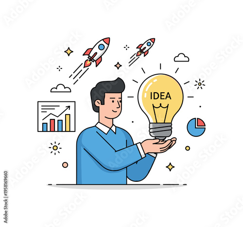 Vision driven startup founder holding a glowing lightbulb labeled ?Idea? while small rocket and chart icons emphasize momentum and ambition. Friendly