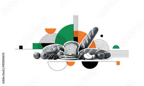 holiday bread and fruits arranged on table abstract semicircles lines and geometric blocks symbolizing festive culinary traditions black and white retro bread