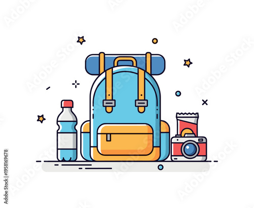 School excursion preparation centered on a backpack with simple travel items like a water bottle, camera, and snack bar placed neatly beside it. Playful visual