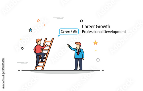 Career growth opportunities employee climbing a simple career ladder icon while a manager points toward future progress. A tiny label Career Path reinforces