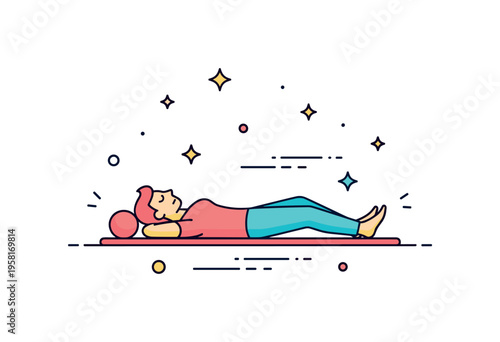 Stress reduction scene with a person lying on a mat doing progressive muscle relaxation, tiny stars and subtle motion lines emphasizing calm, slow tension