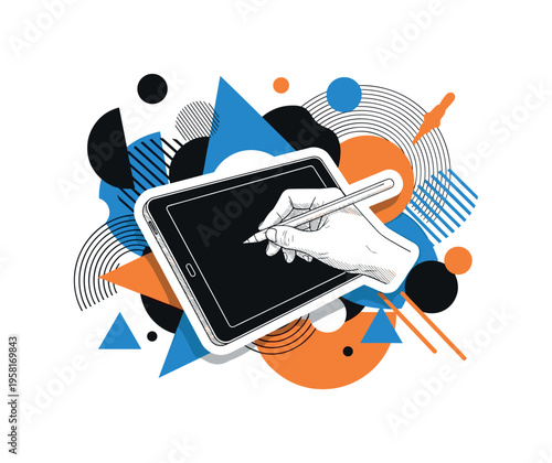black and white illustrator hand drawing on a tablet with stylus pen, white cut-out outline around the hand and tablet, abstract circles and semicircles