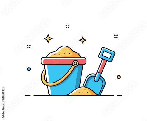 Beach sand bucket small bucket filled with sand beside a toy shovel and tiny star accents suggesting playful seaside activities. The scene captures relaxed