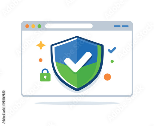 Online trust indicator centered on a secure website window with a shield and checkmark symbol forming a clear metaphor of verified and reliable digital
