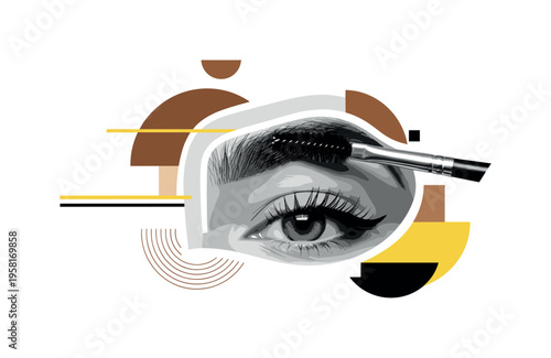 close-up of eyebrow with brush applying product abstract semicircles lines and geometric blocks symbolizing precise beauty routine black and white retro