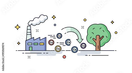 Carbon reduction economy concept showing a factory icon gradually transforming into a tree symbol with small carbon tokens moving along the path. The