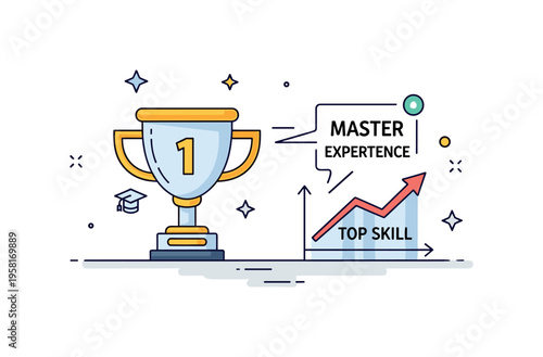 Master level expertise illustrated with a trophy and a small rising progress chart labeled ?Top Skill?. The scene conveys the journey from learning to becoming