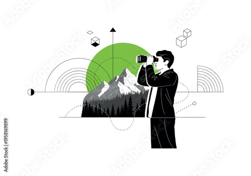 traveler looking through binoculars at mountains and forests, black and white cut-out human figure with white outline effect, large green circle sun behind the