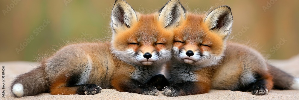 Fototapeta premium Charming twin red fox kits playing on a peaceful sandy dune, showcasing nature s adorable beauty.