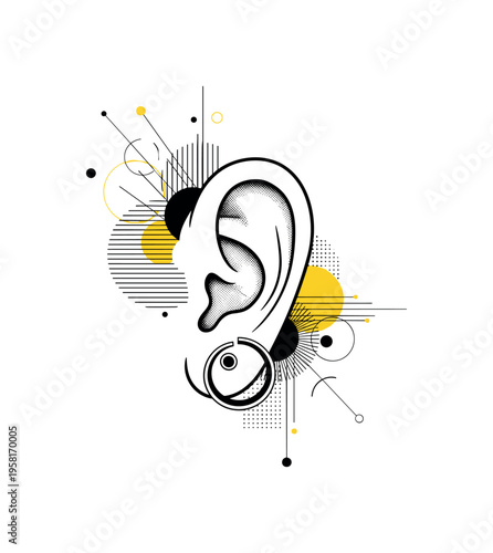 ear with geometric highlights around earring abstract circles lines and geometric shapes representing attention to detail in styling black and white retro ear