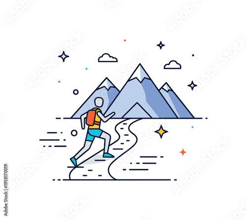 Trail running mountain trail with an athlete moving upward toward a simple summit expressing perseverance and personal challenge. Decorative stars and motion