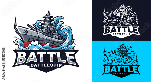Dynamic esports logo featuring a powerful battleship sailing through crashing waves with 'BATTLE BATTLESHIP' text.