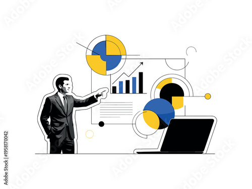 founder pointing at growth chart on digital screen abstract circles lines and geometric shapes representing strategic leadership black and white retro human