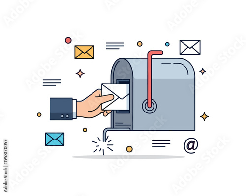 Mailbox slot hand sliding a letter through a metal mailbox slot representing postal delivery, communication, and routine correspondence. Decorative spark icons