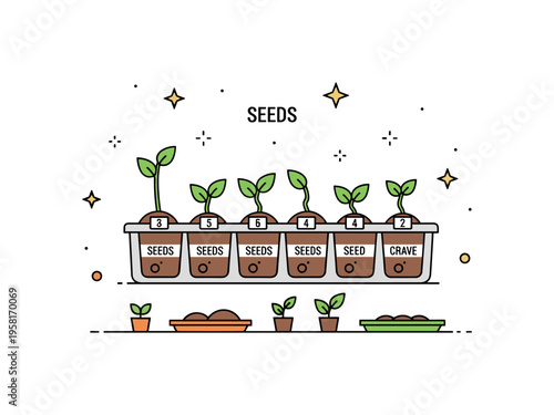 Seeds gardening tray with labeled seed compartments ready for sprouting representing organization, care, and preparation for growth. Decorative stars and tiny