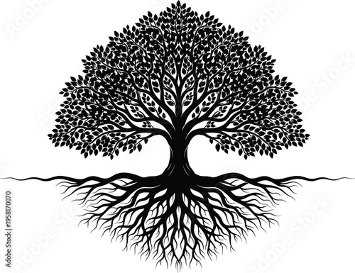 Tree with extensive root system and foliage