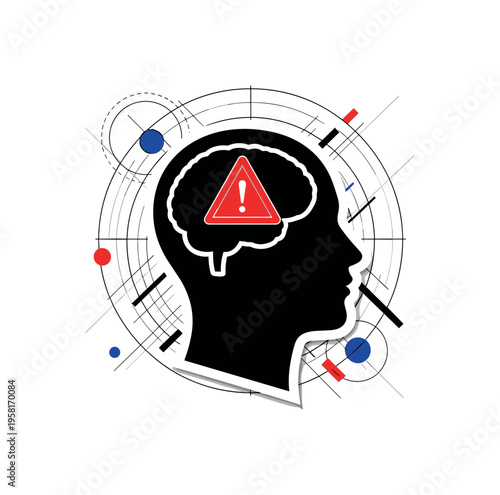 black-and-white human head in profile as the main object with a warning triangle inside the brain area, surrounded by geometric circles and diagonal lines