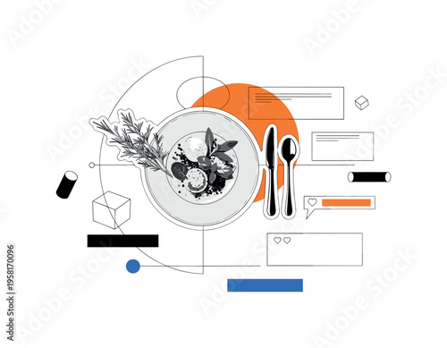 stylized gourmet plate with decorative herbs and utensils arranged like influencer content, black and white food photography cut-out with white outline, large