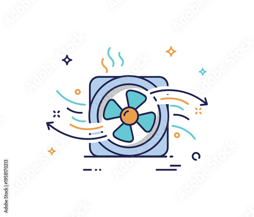 Air circulation symbol a compact rotating fan surrounded by soft curved airflow lines and tiny sparkle icons representing fresh indoor air movement and cooling