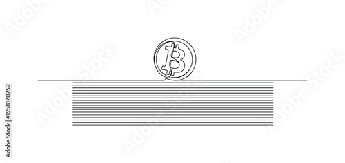 Bitcoin Ledger Concept. Minimalistic one-line drawing Bitcoin symbol hovering over ledger-style lines illustrating digital currency tracking, continuous single