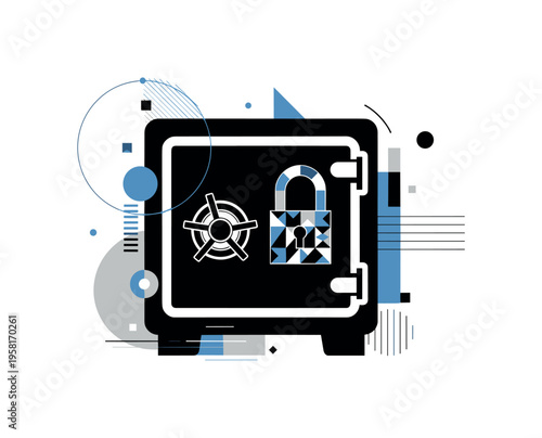 safe box with geometric combination lock abstract circles lines and geometric shapes representing controlled access black and white retro safe object with