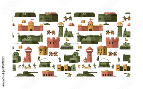 fortified army base seamless pattern, military buildings, defensive walls, watchtowers, barricades, tanks and soldiers arranged in a repeating pattern, white