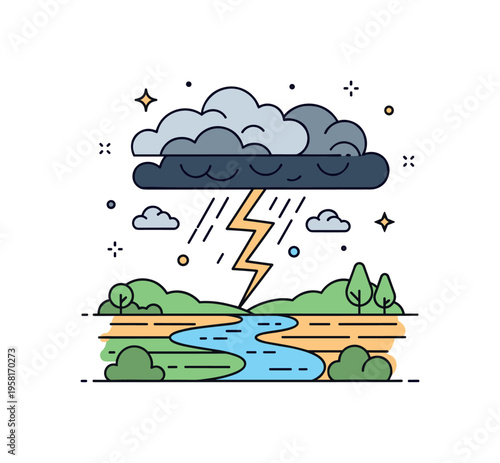 Lightning striking over a stormy landscape with a river meandering through fields below, clouds dark and heavy, emphasizing intensity and dynamic energy in