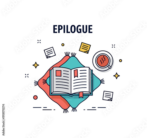 Epilogue depicted by a cozy reading nook with an open book, a cup of tea, and small notes around, symbolizing restful contemplation and story conclusion.