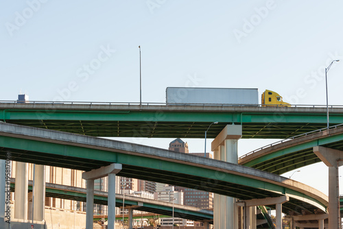 Multi-level interchange of the Interstate I-40 overpass in Memphis with truck heading towards Hernando de Soto bridge in Memphis, Tennessee
