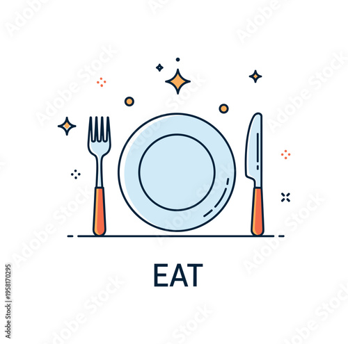 Eat concept featuring a simple plate with fork and knife arranged symmetrically and a small sparkle accent above, expressing appetite and everyday dining
