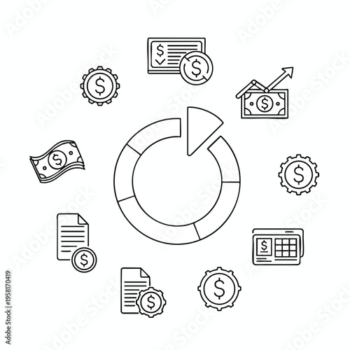 Circular diagram with money symbols, gears, graphs, documents, and calendar